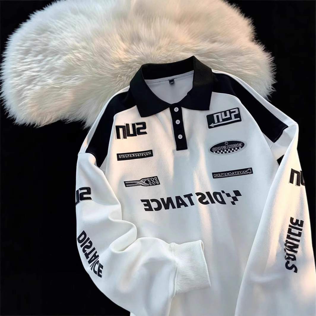 American-style retro polo shirt, national trendy brand black-and-white patchwork embroidered lapel sweatshirt, niche high-street racing jacket outerwear for men