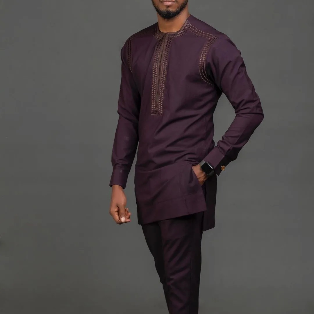 2-piece men’s set, long-sleeve embroidered African ethnic-style traditional suit—ready stock, cross-border