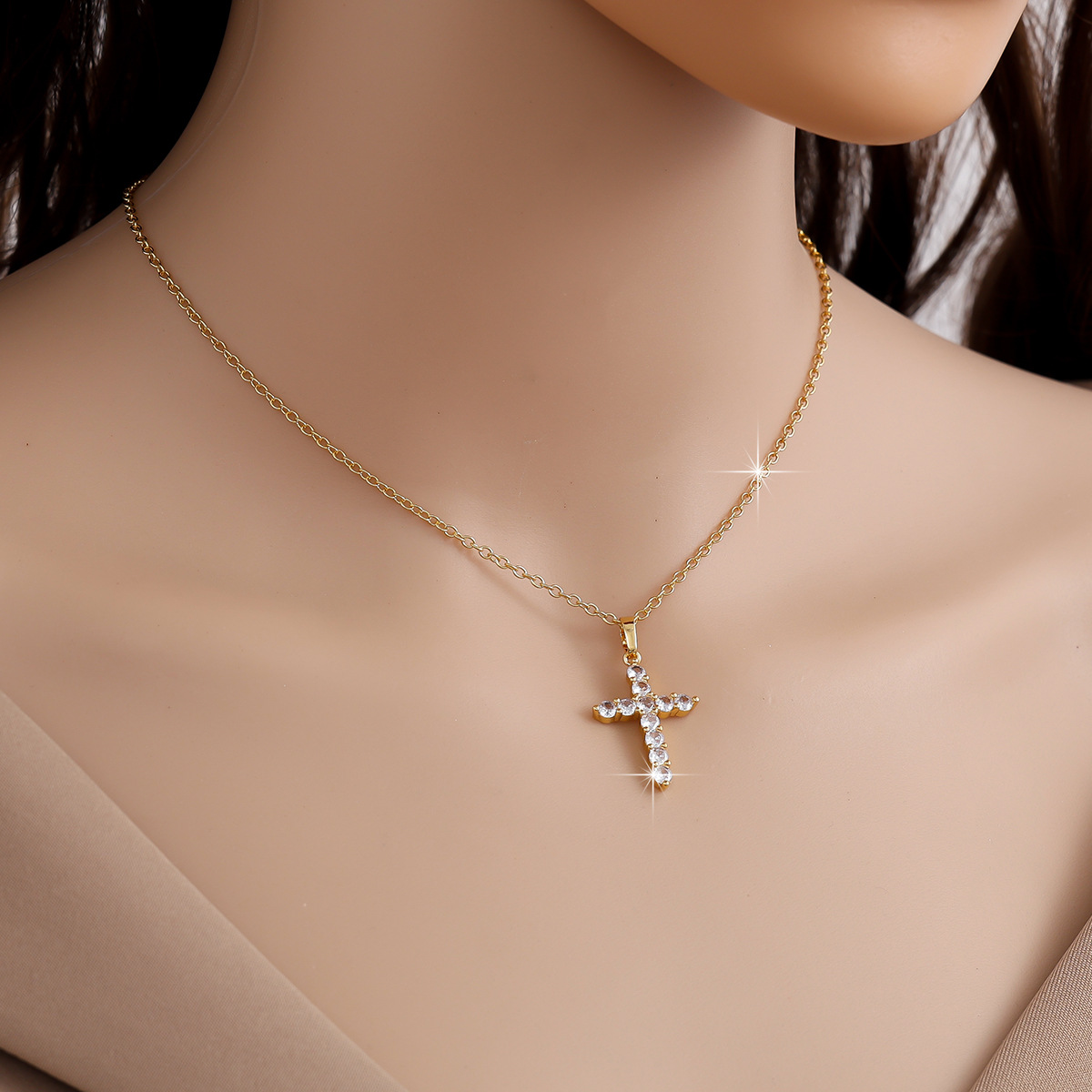 Cross-border high-end diamond cross-plated necklace for women with a red-locked bone cross pendant chain