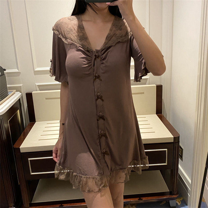 Summer Modal Internet-Famous Style Nightdress, Women's Lace Trim High-End Look with Chest Pads, Short-Sleeved Pajama Dress Home Wear