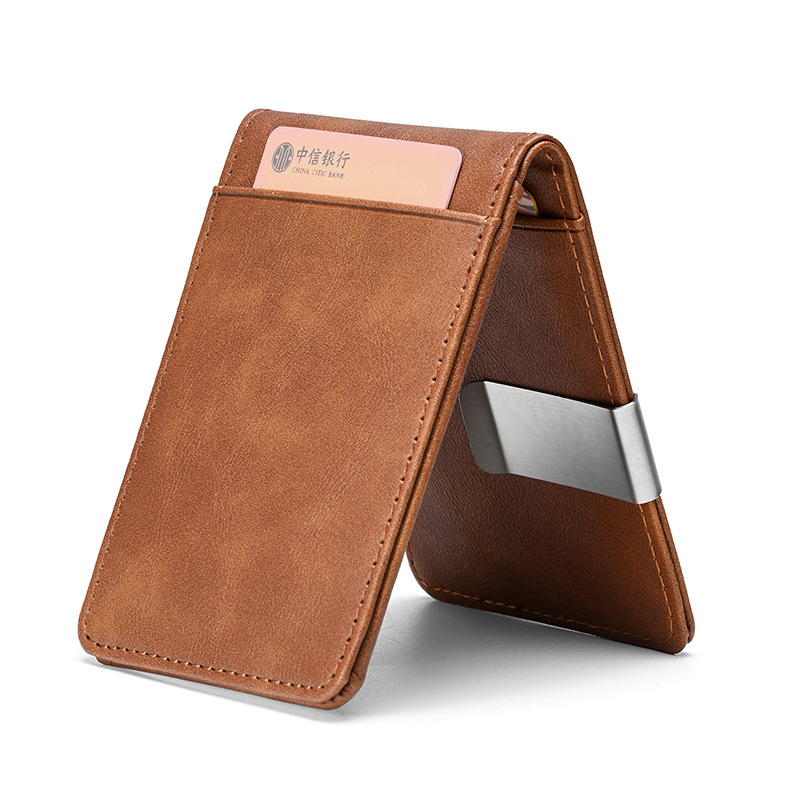 Cross-border wallet documentary wallet man crazy horse stripe short wallet stainless steel dollar bills and credit card wallet PU