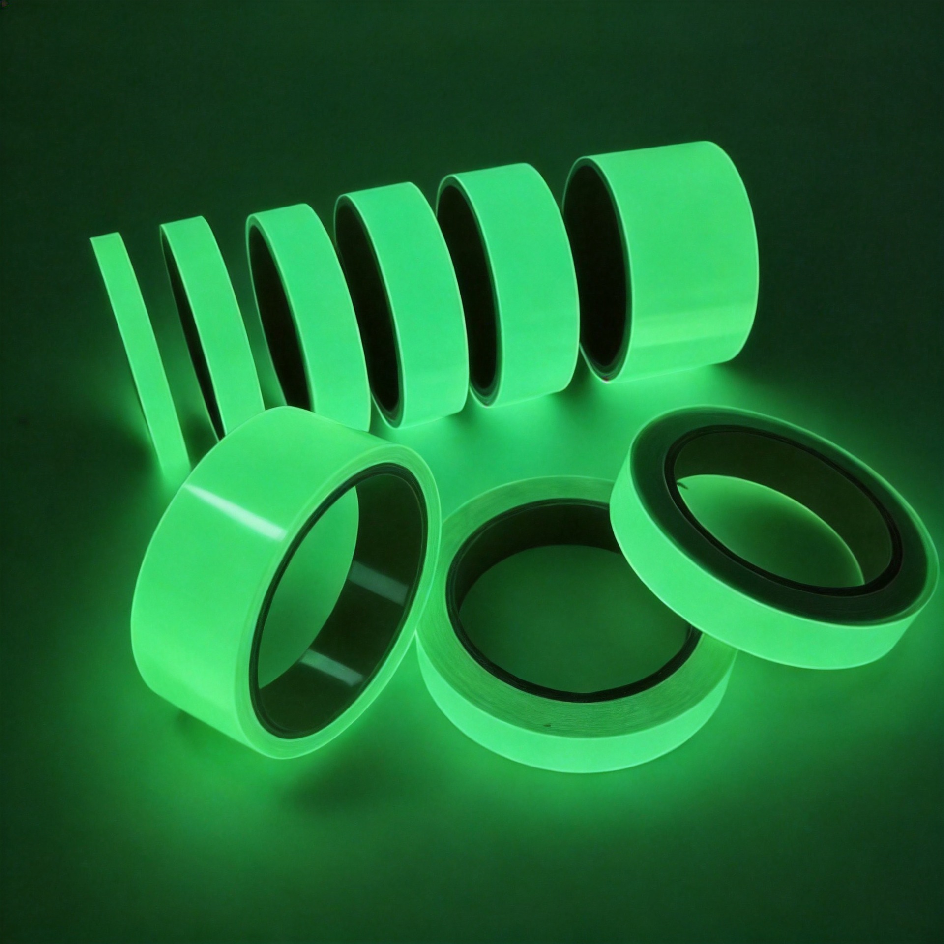 Colourful night light strips Green fluorescent strips are affixed to the staircase steps of the stage to warn of positioning and to identify fluorescent strips
