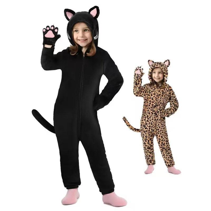 2025 new autumn and winter french silk comic strip cat claw black cat wrinkled cat children animal matching pajamas home clothes