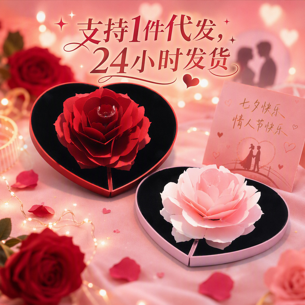 Creative spinning Valentine's Day everlasting flower gift box heart-shaped jewelry box ring necklace box