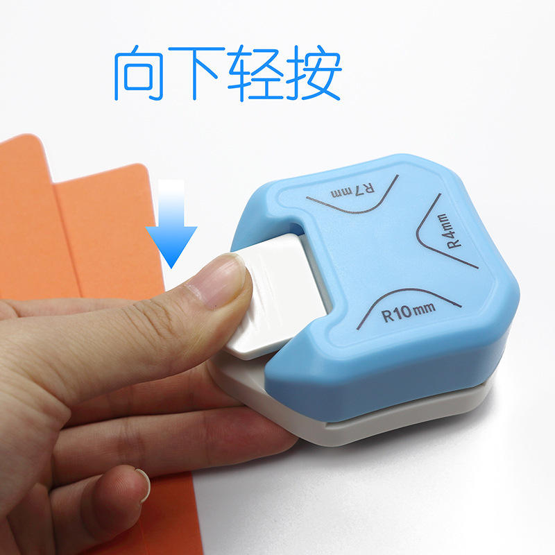 Wholesale three‑in‑one rounded‑corner cutter: R4 corner‑cutting tool, R7 chamfering tool, R10 rounding tool for plastic‑laminated cards, DIY postcard corner‑cutting device.
