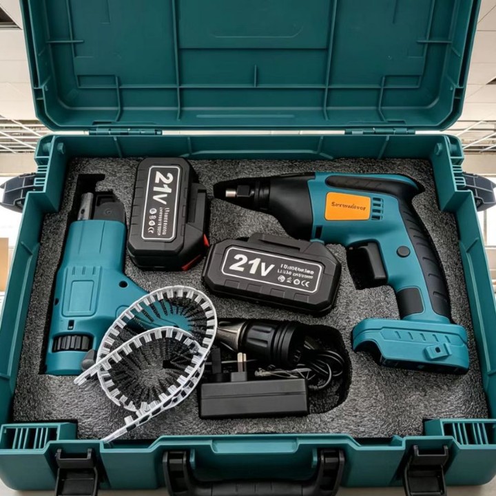 21V lithium‑battery brushless chain‑drive screw gun, dual‑purpose screwdriver, automatic nail‑feeding tool for drywall—essential equipment for carpentry and interior decoration
