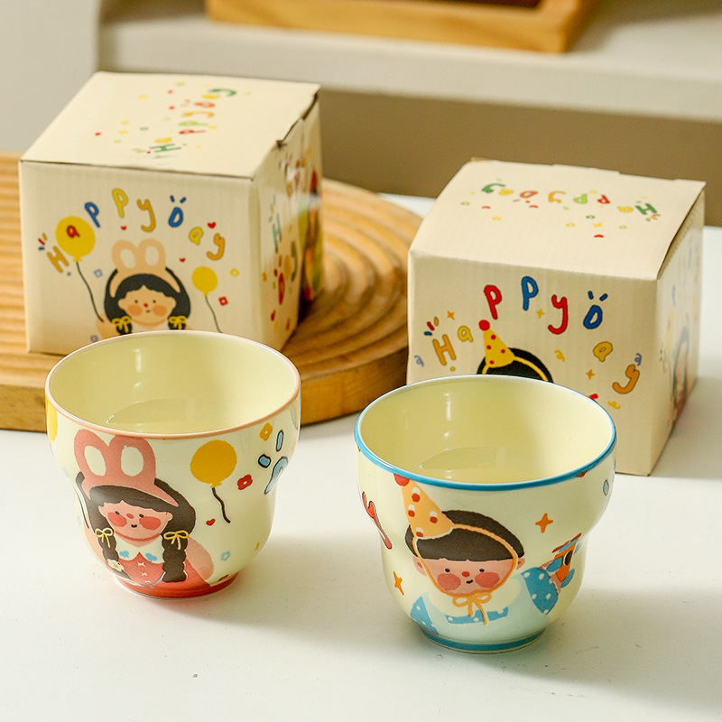 A family of four homemade ceramic cups cute children breakfast cup tableware cartoon high-color baby water cup Mark cup
