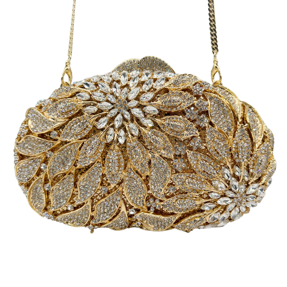 Clutch bag leaf-flower diamond-encrusted evening bag, foreign trade banquet clutch for women, hollow-out metal hard case diamond bag