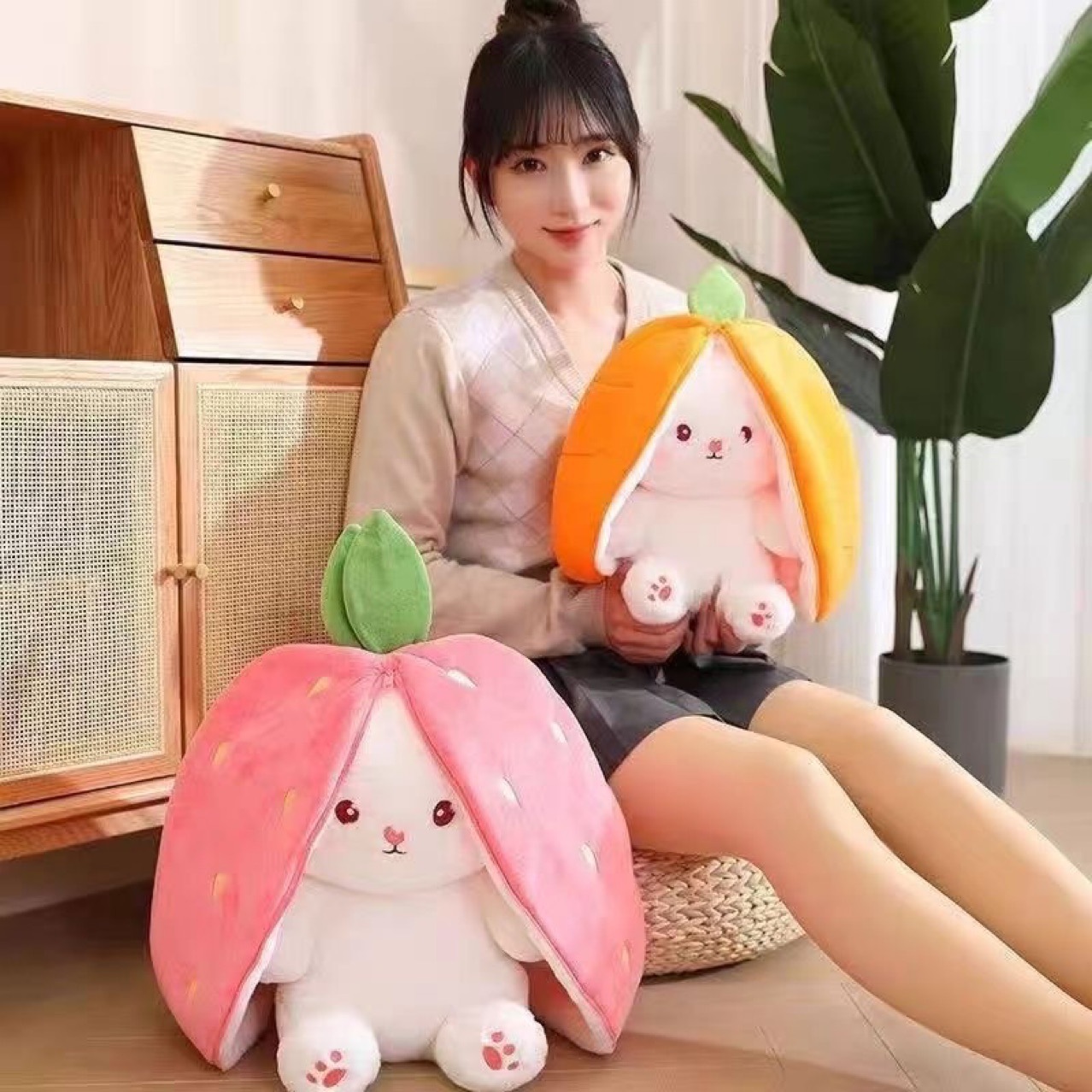 Transforming strawberry rabbit plush toy—cute little bunny with a carrot-shaped tail; perfect birthday gift for boys and girls.