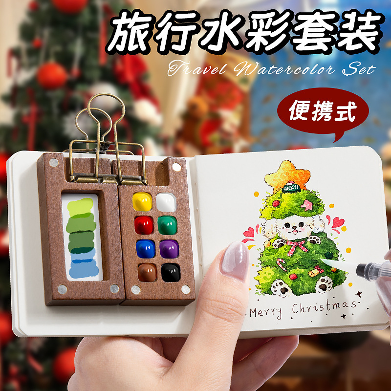 Mini Watercolor Paint Acrylic Box Travel Set, Portable Notebook for Drawing and Painting, Small Palette for Color Mixing, Art Supplies