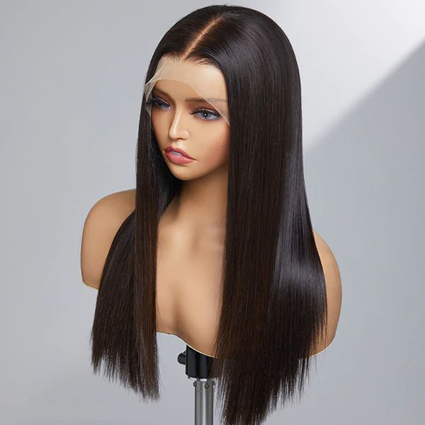 Front lace black middle-part long straight hair wig, synthetic full-head cap, fashionable, natural, and realistic wigs