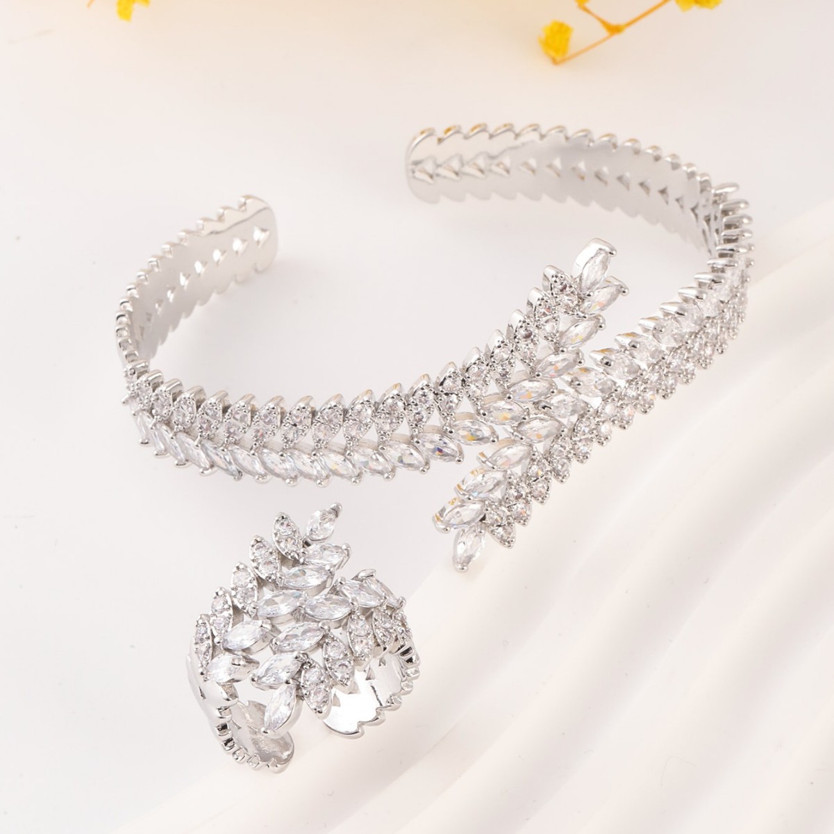 Cross‑Border European‑American Light Luxury Wheat‑Ear Bracelet Ring Set with Zircon Inlaid Bracelet Real Gold Open‑End Wristband Hand Jewelry
