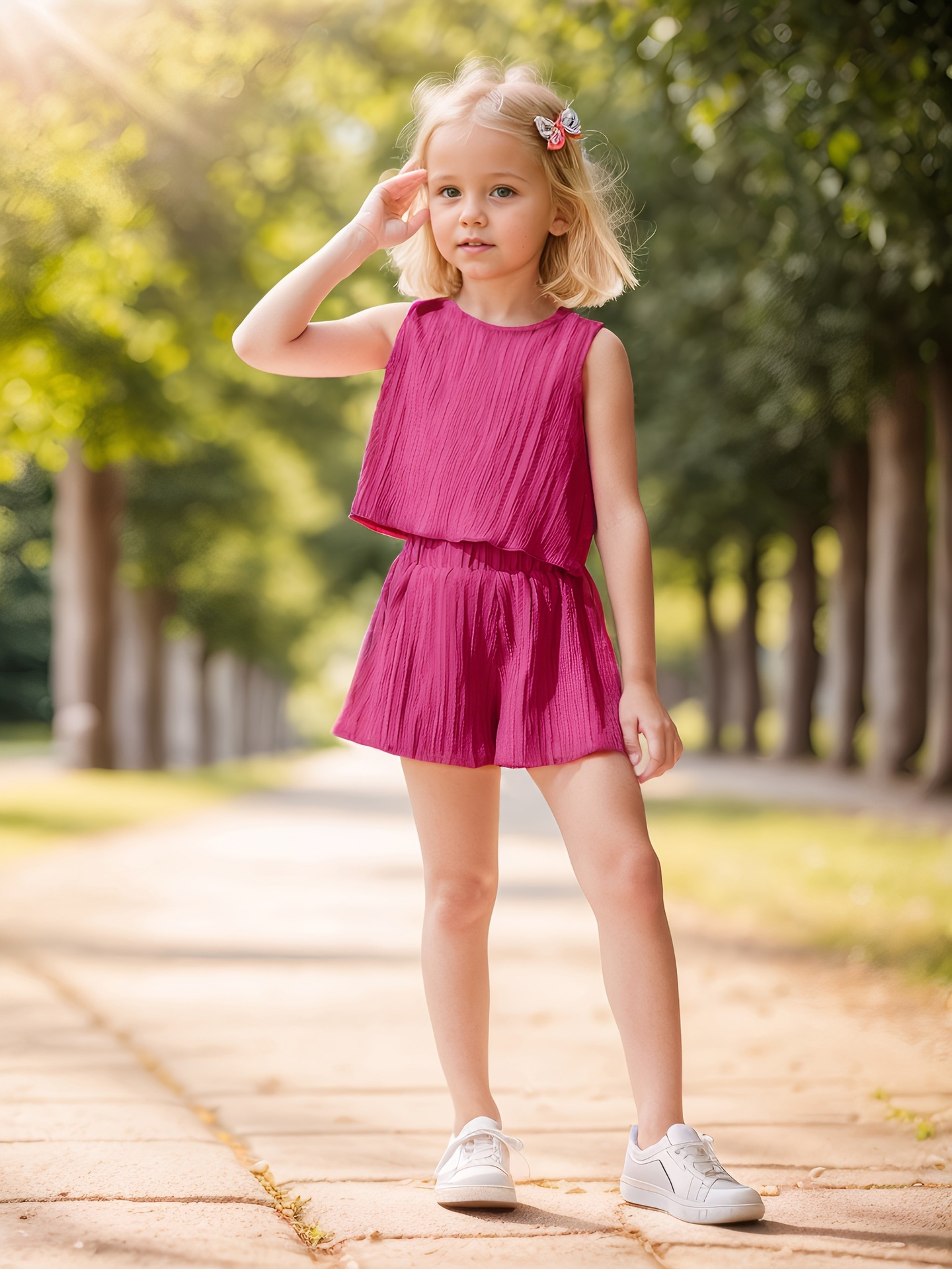 2025 Cross-Border Instagram Summer New Arrival Girls’ Solid Color Fashionable Cute Top and Shorts Set Exclusive for Small and Medium-Sized Children