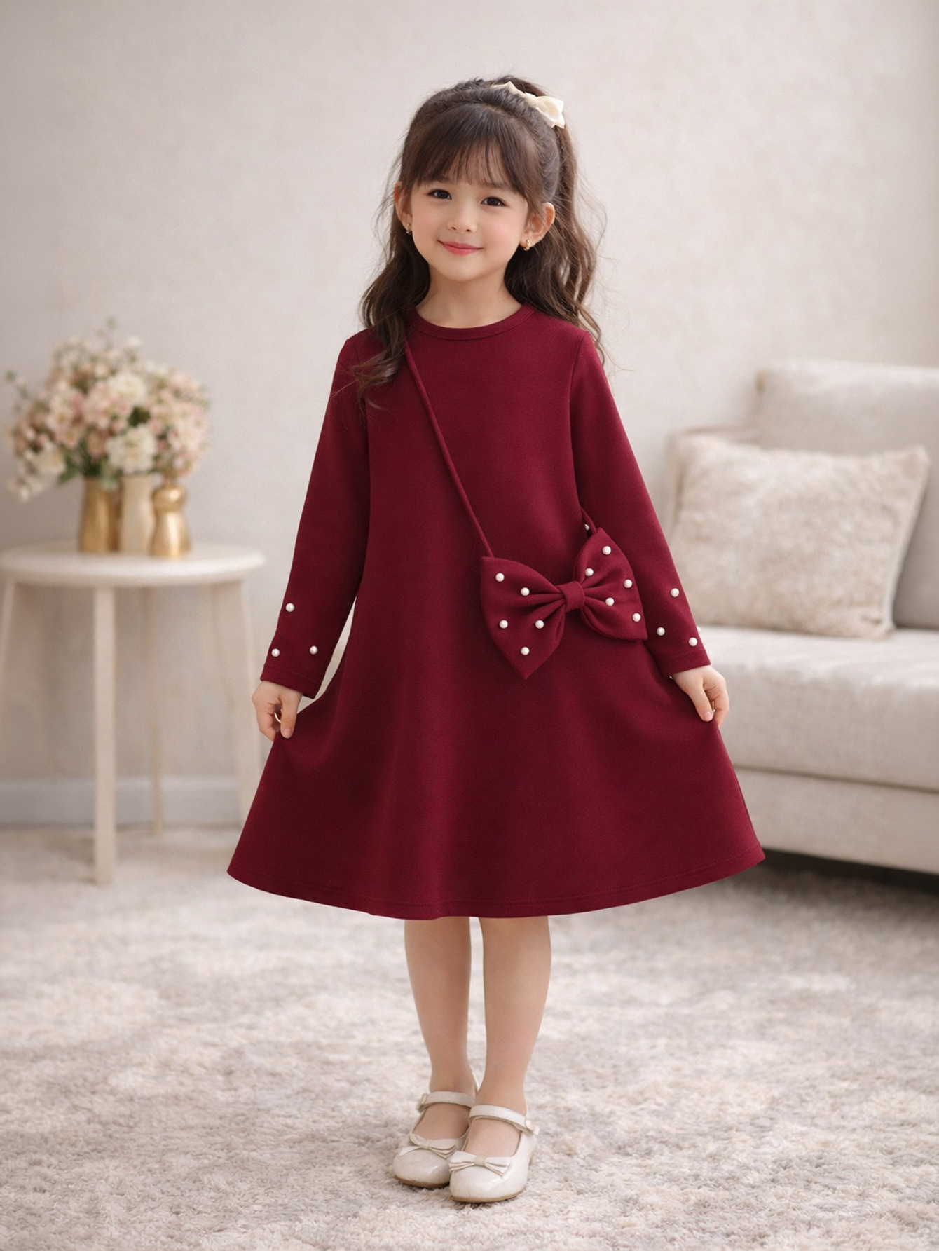 Spring/autumn girls' burgundy long-sleeve dress, princess style with pearl and bow decoration, cross-border children's clothing