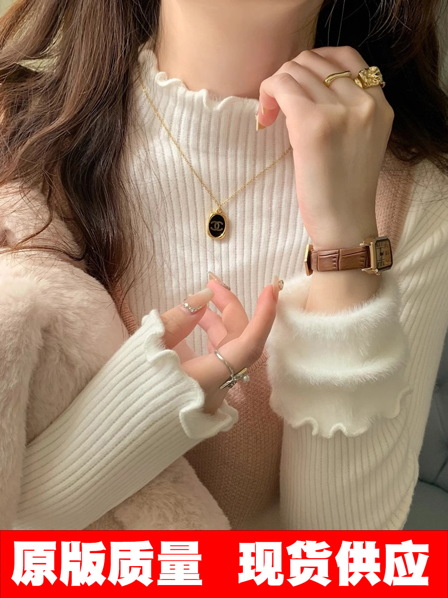 [Factory Direct Sale] All-in-One Velvet Padded Thick Knitted Bottoming Shirt for Women, Ruffled Half-Neck Winter Sweater