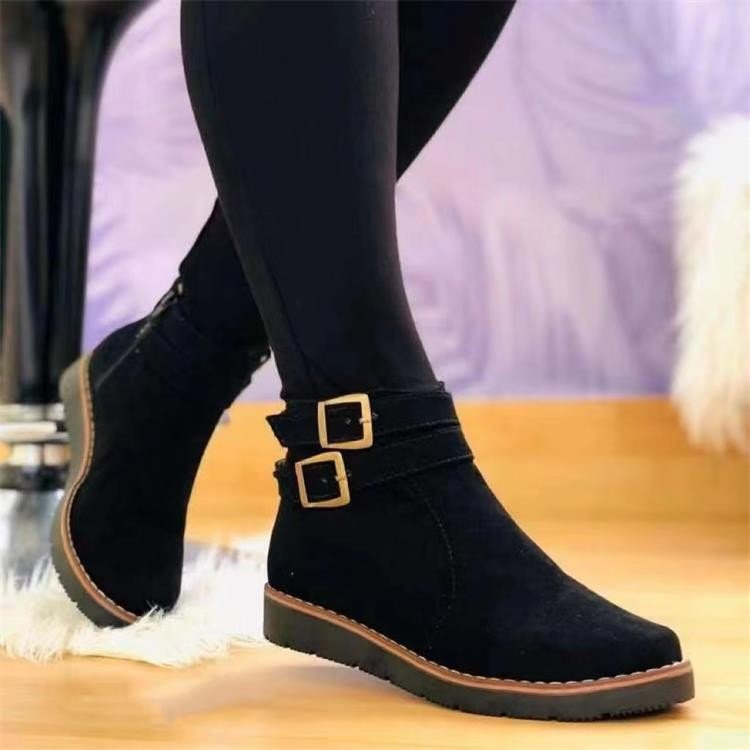 Autumn/Winter new arrival, cross-border export, plus-size women’s thick-soled boots, fashionable with belt buckle decoration, round toe, EVA sole.