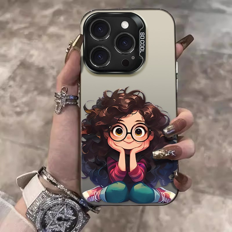 Chin‑propping girl compatible matte iPhone 16 case, 14 Pro Max fluffy quirky style, 15 drop‑proof, 13 colorful silver case, 12.