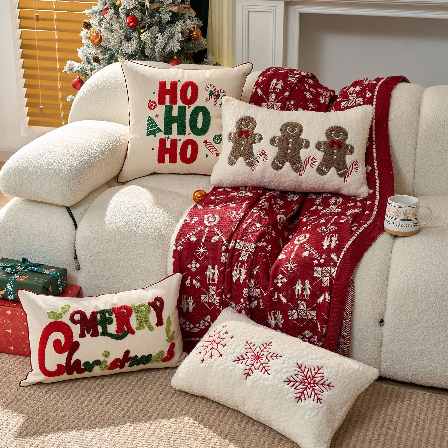 Cross-border new Christmas decorative embroidered pillow, red snowflake cushion cover, gingerbread man embroidered pillow cover—wholesale