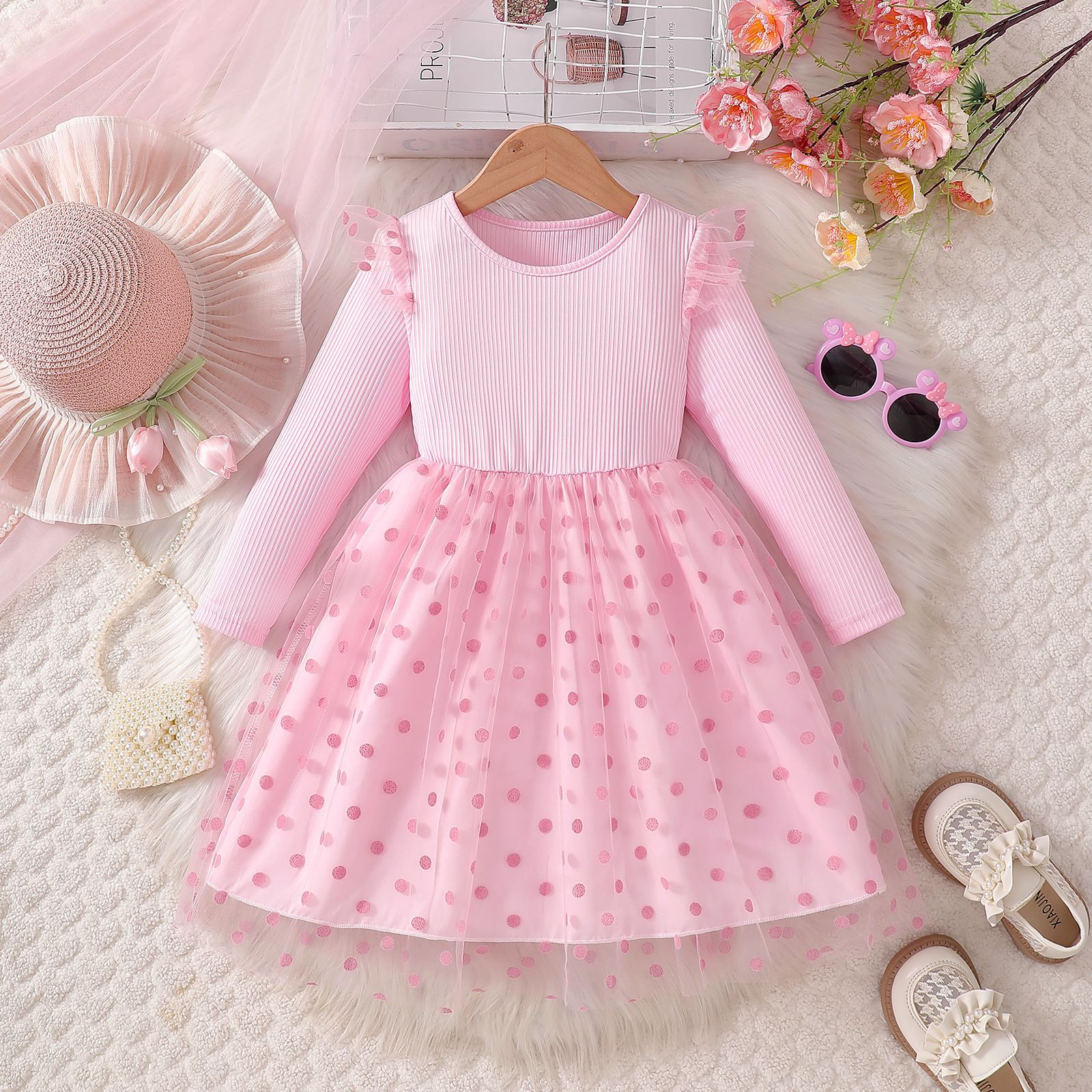 Foreign trade cross-border spring new girls’ one-piece dress—princess style, ultra‑Western, versatile dot‑pattern mesh skirt for spring and autumn