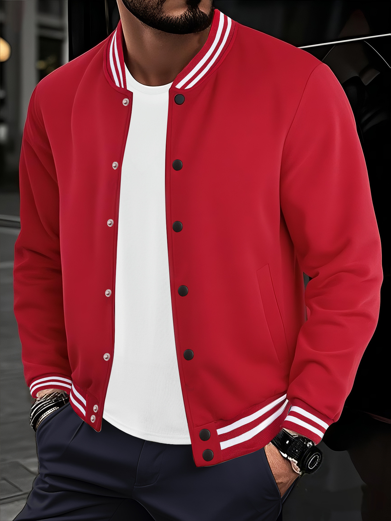 Cross-border men’s autumn/winter fleece American‑style sporty loose‑fit casual stand‑collar buttoned baseball jacket