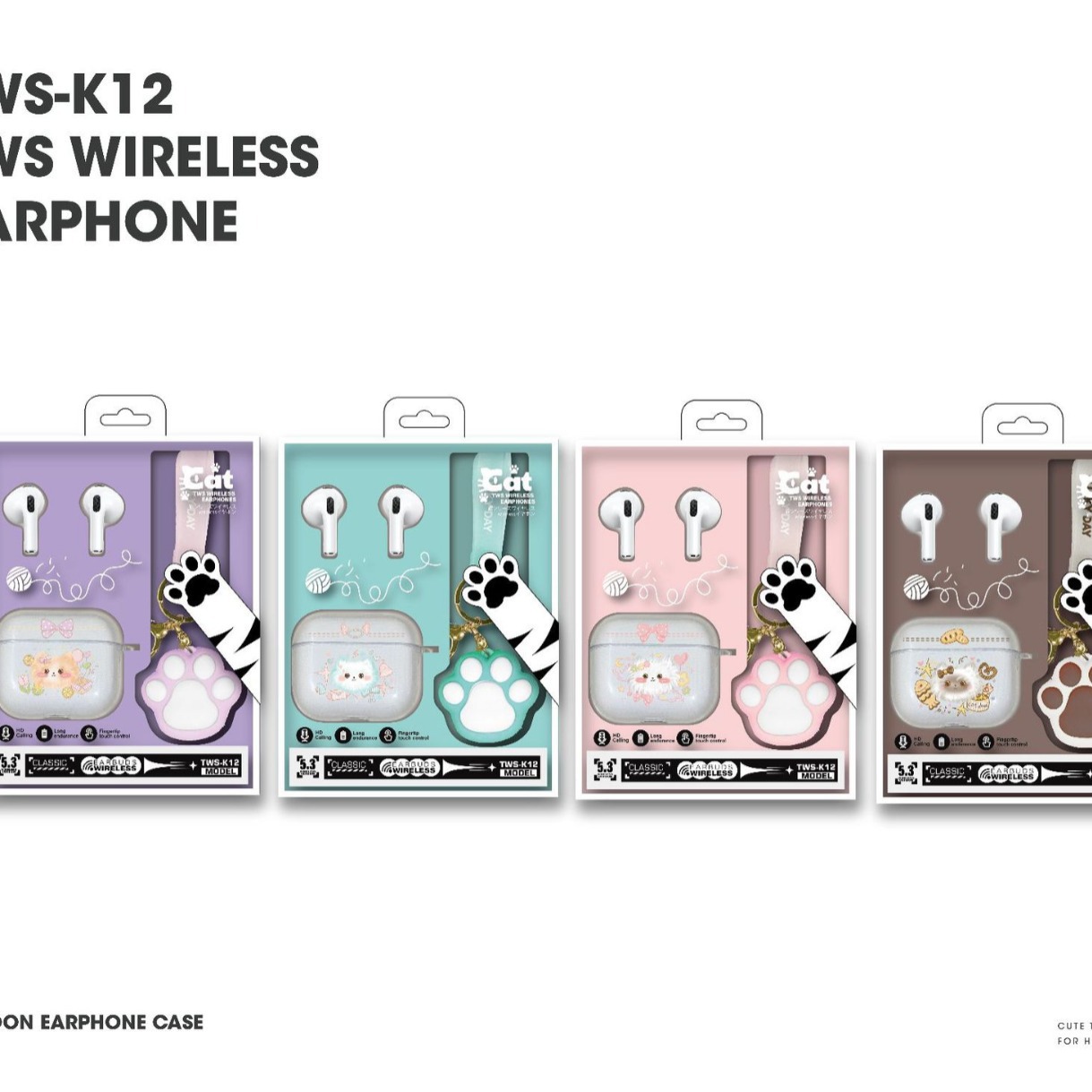 Cross-border best-selling TWS-K12 in-ear wireless Bluetooth earphones with cute cat silicone protective case and cat-paw silicone pendant