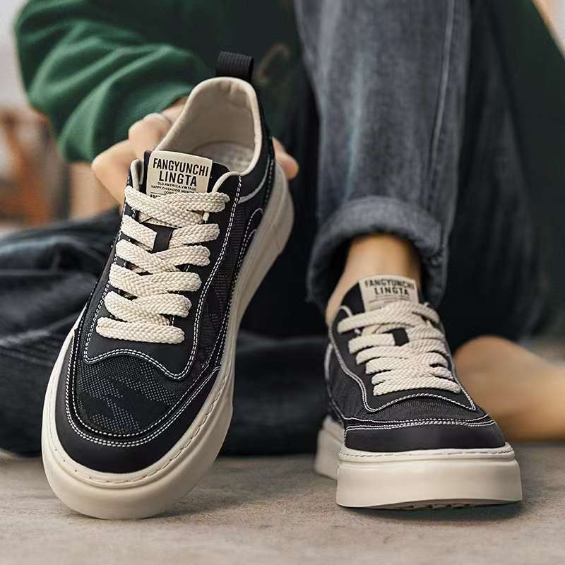 Canvas men's shoes spring breathable anti-smell black cloth shoes breakthrough fashion fancy polished board shoes anti-slip increase high leisure sports running shoes