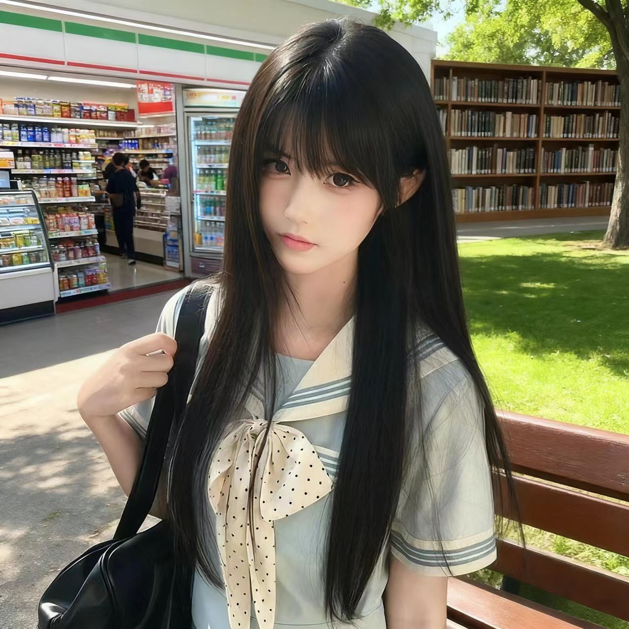 Wig, women’s long hair, age-reducing Lolita style, black straight long hair with a full fringe—versatile cosplay wig, JK-style black straight full-head wig.