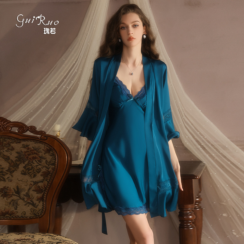 GuiRuo pure‑temptation lazy satin pajamas, deep V‑neck push‑up with chest pads, large‑size nightdress with outer robe, homewear set 2051