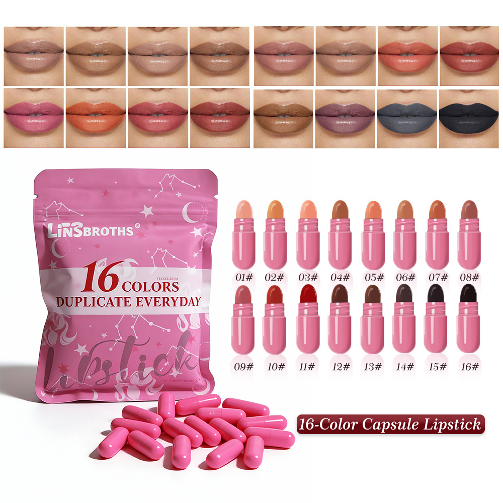 [16 shades] Cross-border capsule lipstick, pink version, 16-color packaging, non-stick to cups, cross-border bestseller for 2025