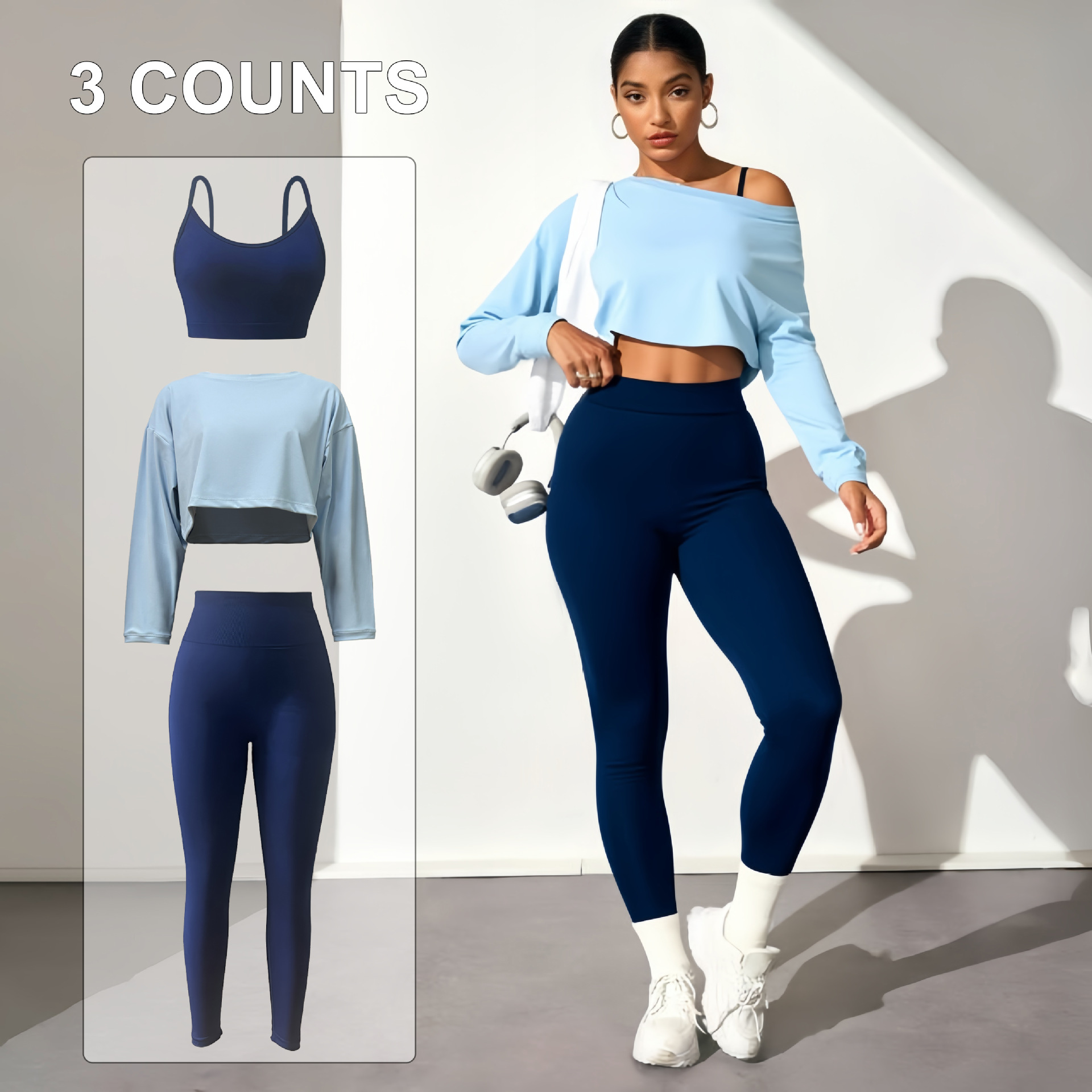 Cross-border European and American fashion yoga three-piece set: seamless bra, fitted leggings, and long-sleeve top—women’s sportswear for yoga