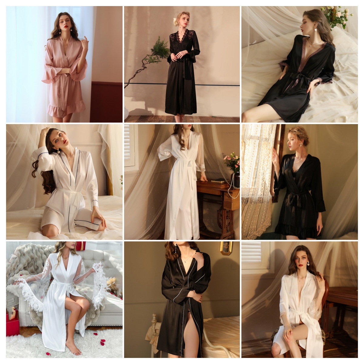 Mufei European and American cross-border sexy women's faux silk nightgown, autumn/winter long pajamas, close-fitting skin-friendly morning robe, loungewear