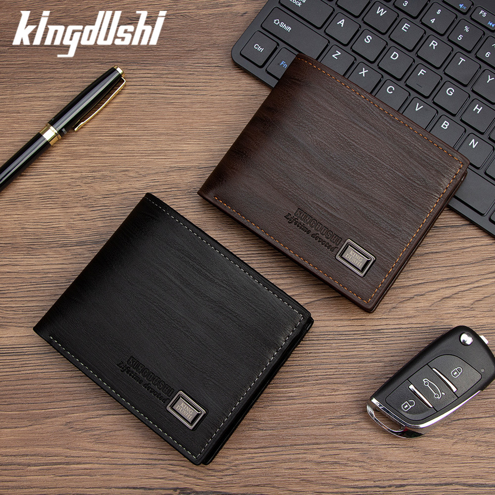 High-end, fashionable business men’s wallet—short, tri-fold design with multiple card slots, a hinged coin pocket, and a wave-patterned PU leather money clip.