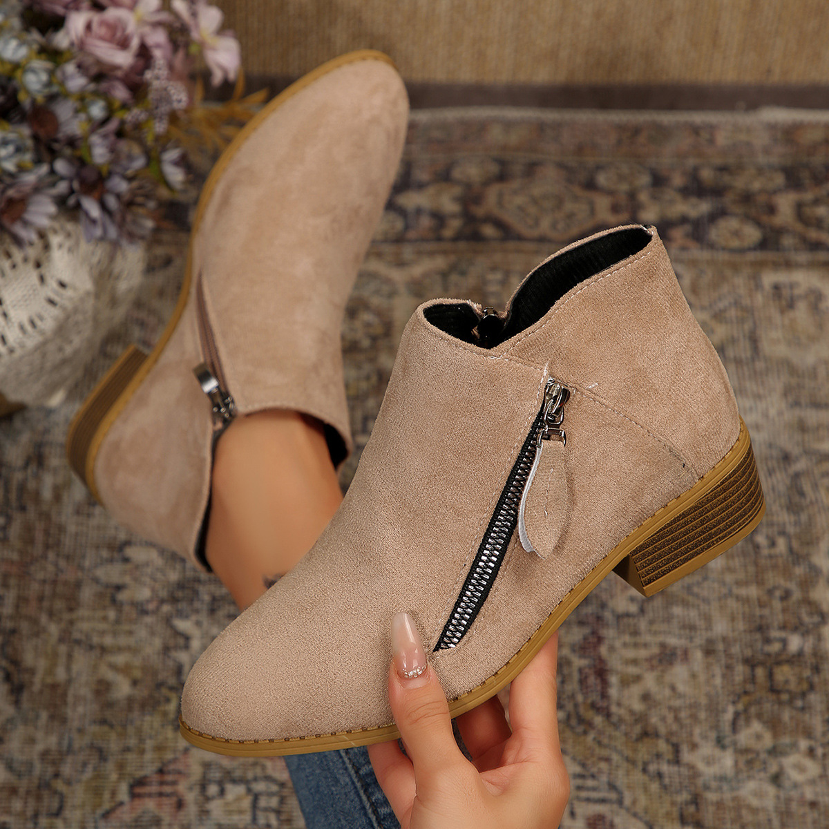 2025 Autumn/Winter New Arrival Women’s Ankle Boots, Chunky Heel, Double-Side Zippers, European and American Style, Plus Size, Cross-Border Fashion, Ankle-Length Boots