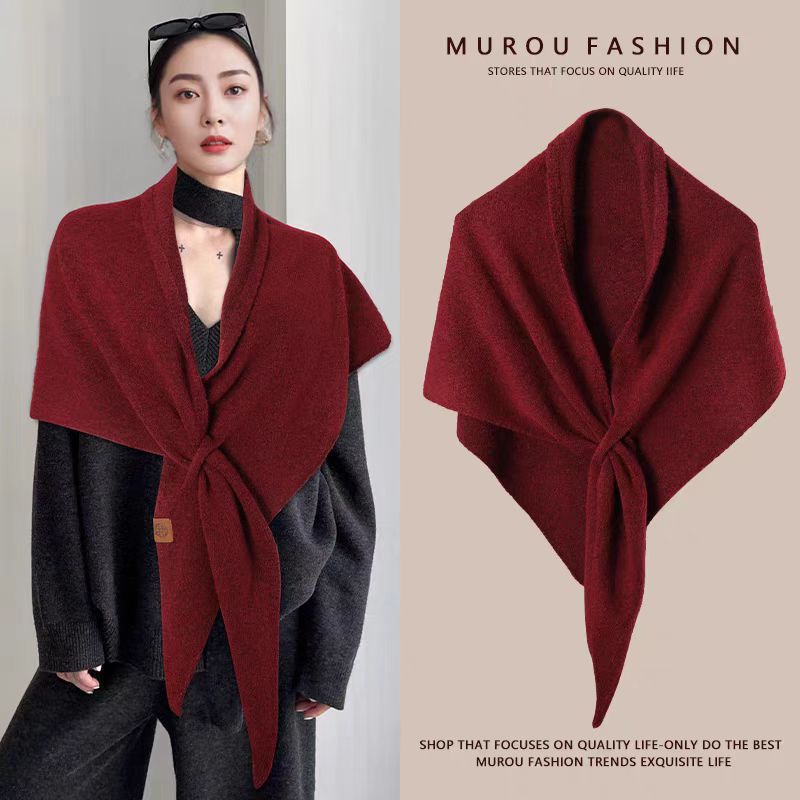 Wool triangular scarf red large triangular cape shawl outerwear women’s autumn/winter high-end thick neck wrap small bolero