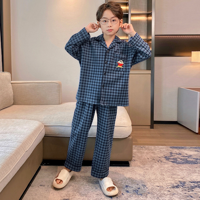 Boys’ Faux-Cotton Pajamas, Spring/Autumn Long-Sleeve Long-Pants Set, Mid-to-Large Size Boys’ Cardigan Home Wear Suitable for Outdoor Use