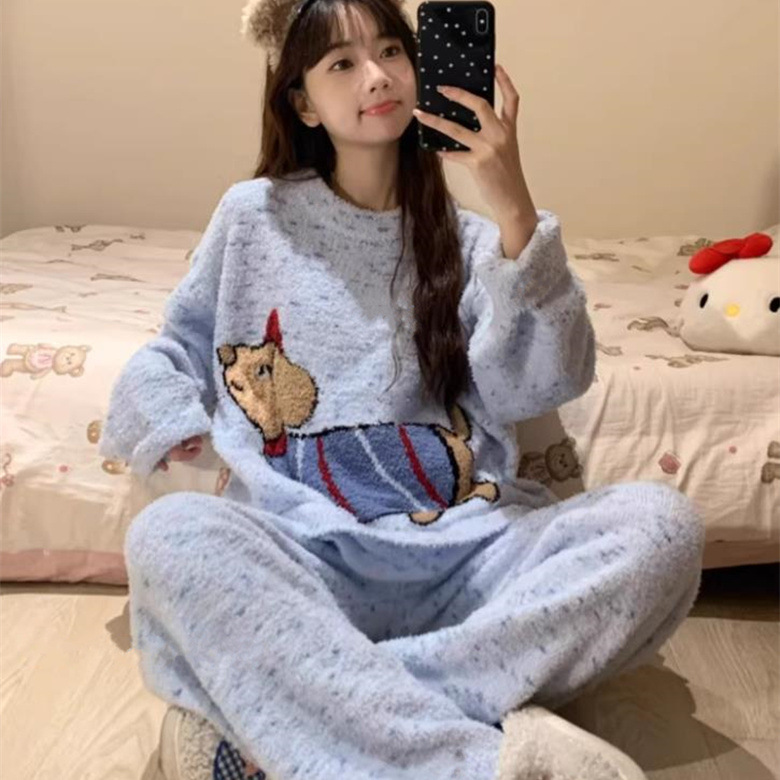 Foreign trade factory wholesale autumn and winter Frenchie pyjamas home clothes sleeves light blue snowflakes sausage dogs coral crab suits