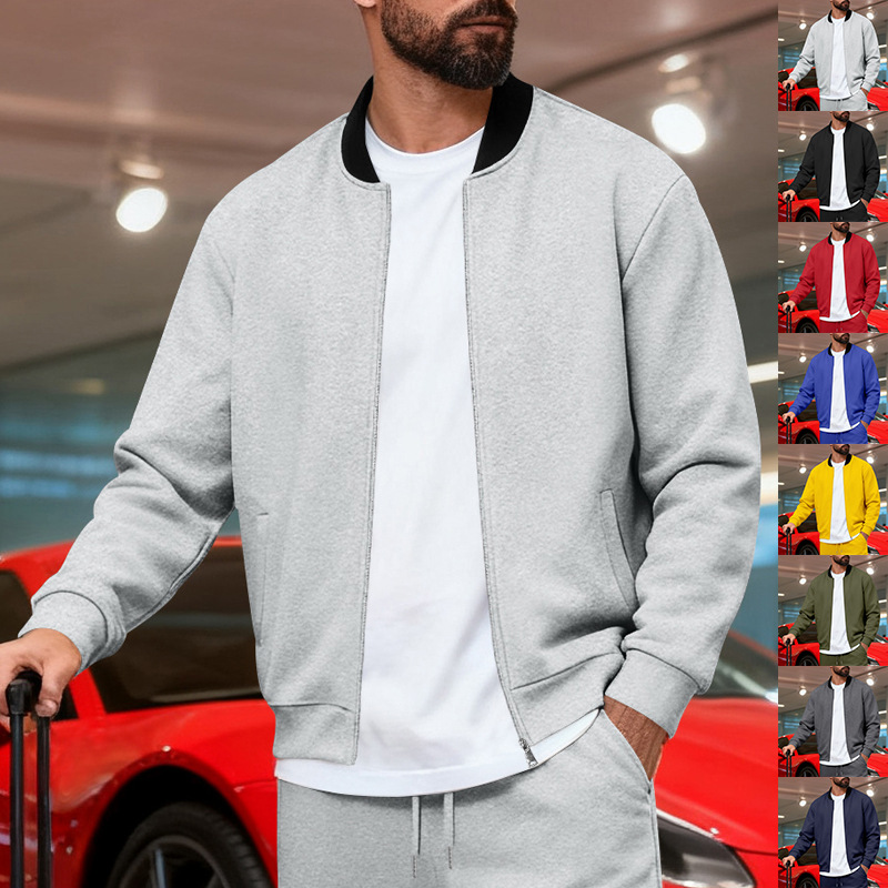 2025 Cross-Border American-Style Spring/Autumn Men’s Stand-Collar Jacket, Solid Color, Sporty Casual Zip-Up Long-Sleeve Top, Men’s Outerwear