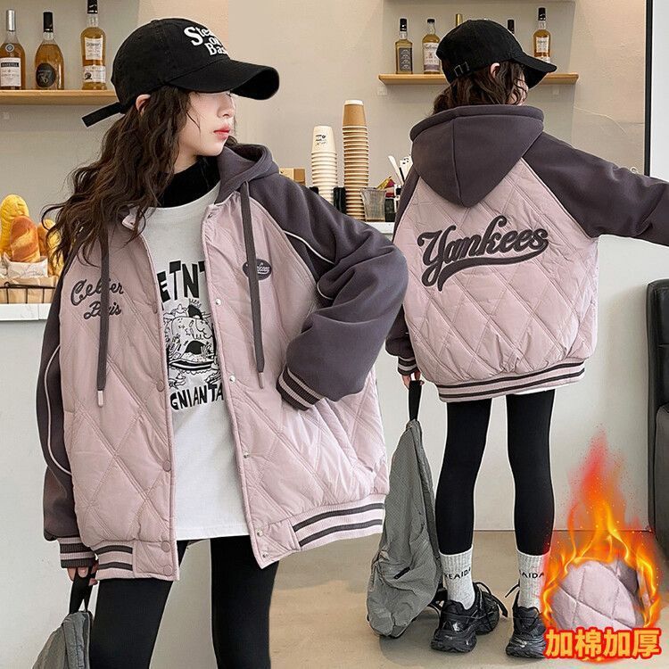 Girls’ Coats, Autumn/Winter 2025 New Korean-Style Winter Cotton Jackets, Stylish Quilted Thickened Baseball Jackets for Older Kids