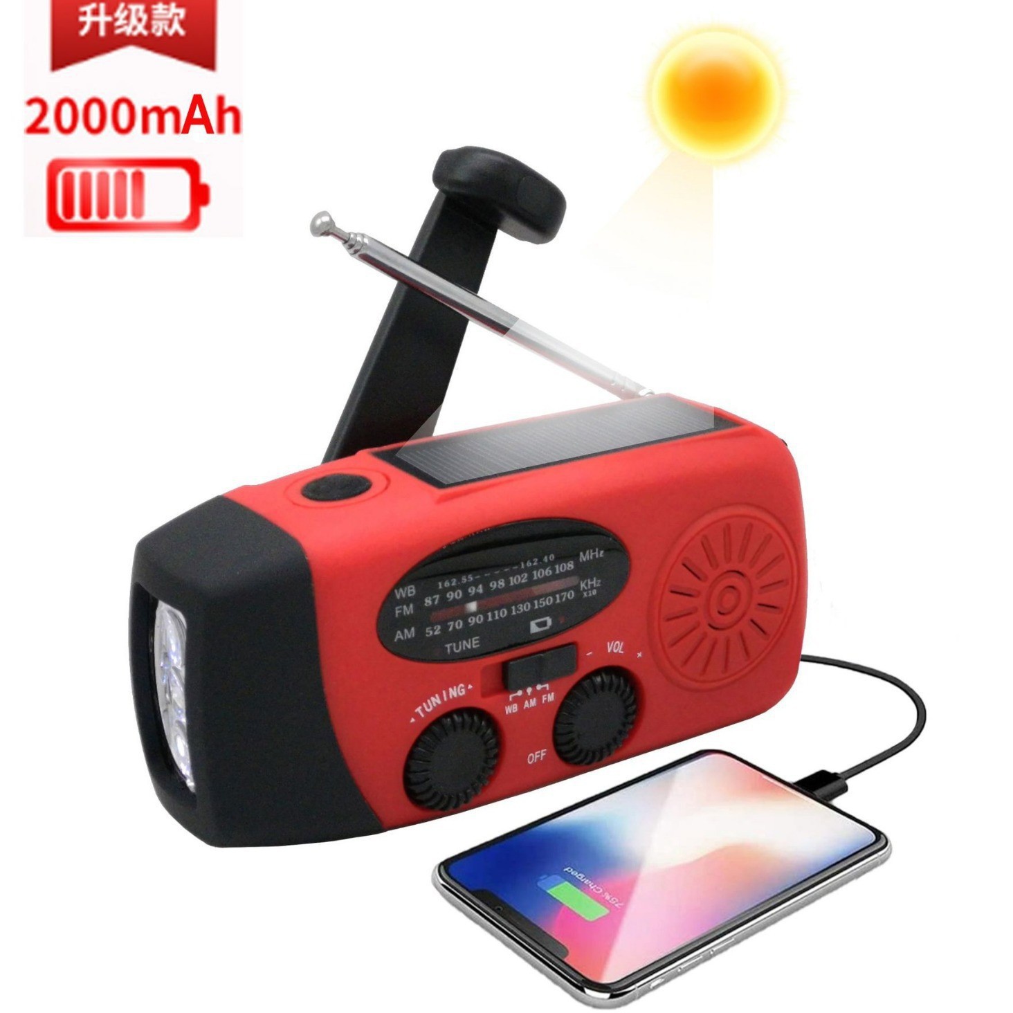 Hand-Crank Solar-Powered Emergency Radio—2000mAh Battery, SOS Flashing Light, AM/FM Reception, Phone Charging Capability