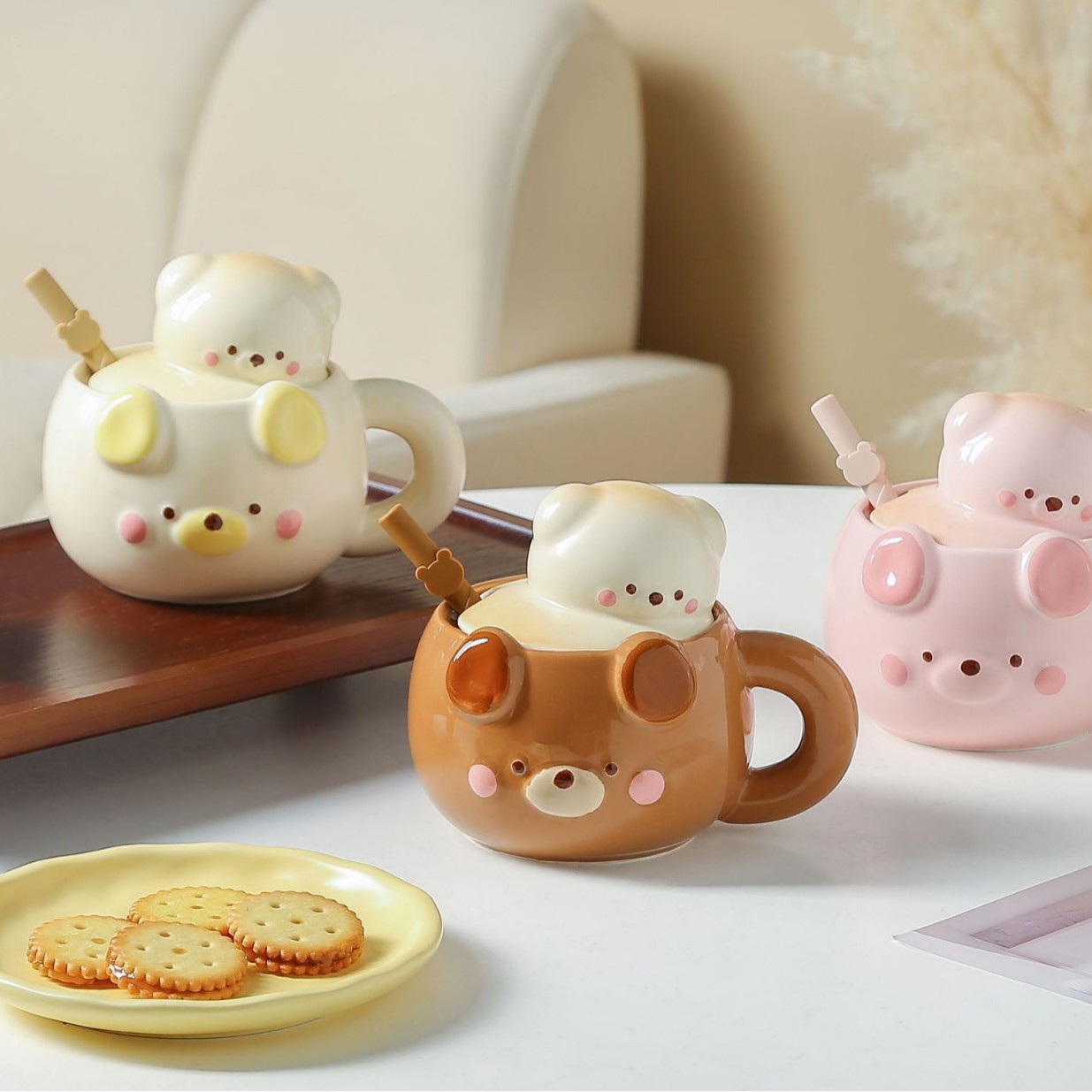 Creative cartoon cute ceramic cup, 3D little bear design, stylish household mug, milk breakfast cup, birthday gift