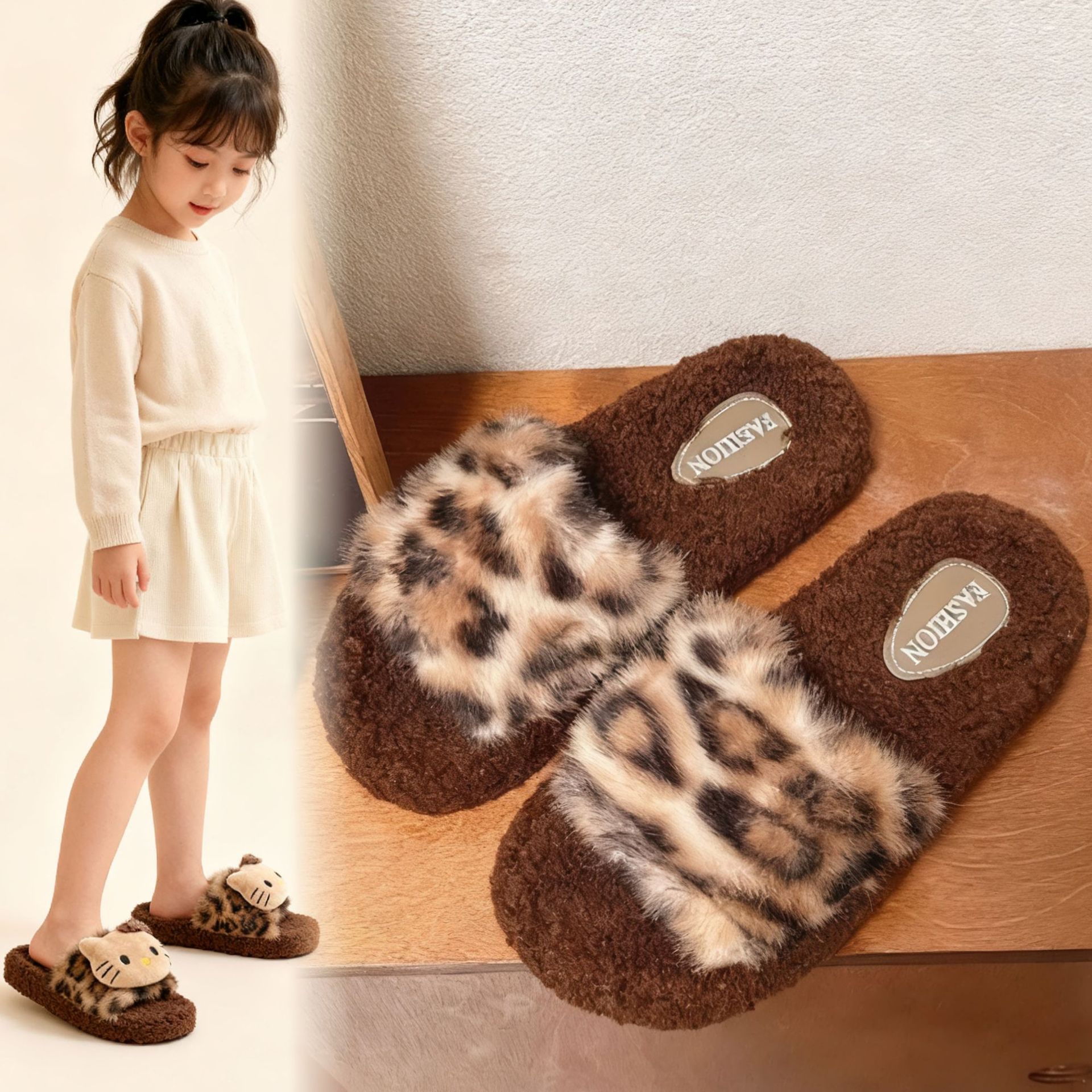 Cotton slippers for girls, cute leopard-print and Hello Kitty plush slippers—non-slip, thick-soled indoor slippers for autumn and winter, perfect for parent–child matching.