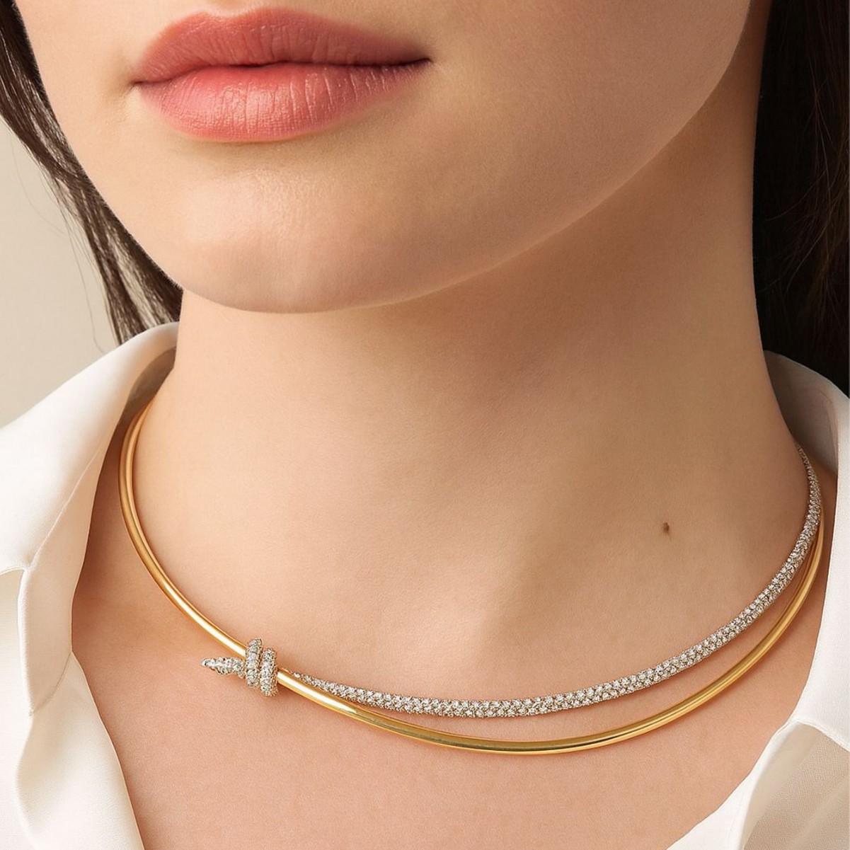 New Double-Row Diamond-Inlaid Alloy Open Choker, Niche High-End European and American Metal Choker, Trendy Cool Accessories for Women