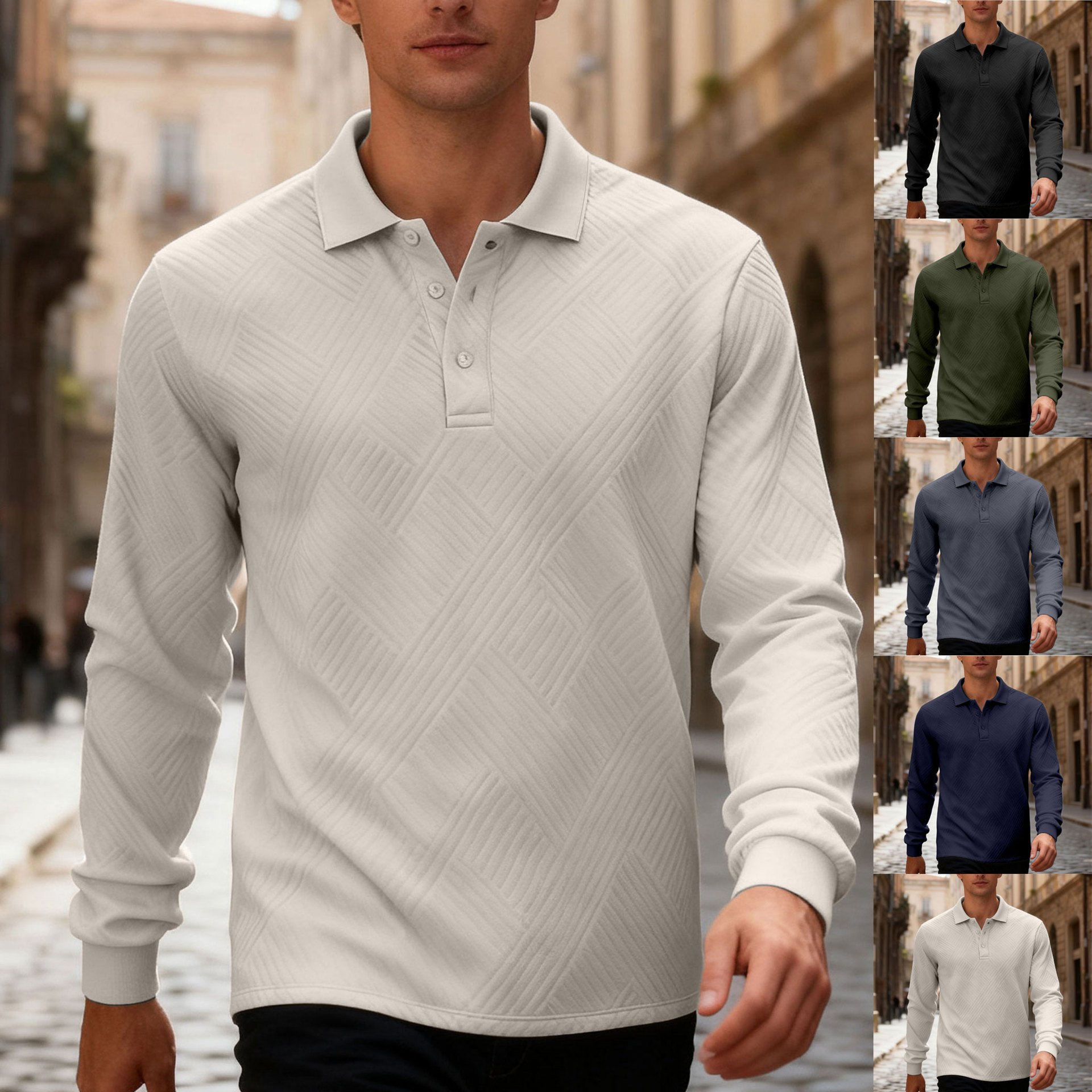 New Arrival Amazon Cross-Border Men’s Solid-Color Loose-Fit Casual Polo Shirt with Long Sleeves, Buttons, Turn-Down Collar, and Textured Embossed Pattern Sweatshirt