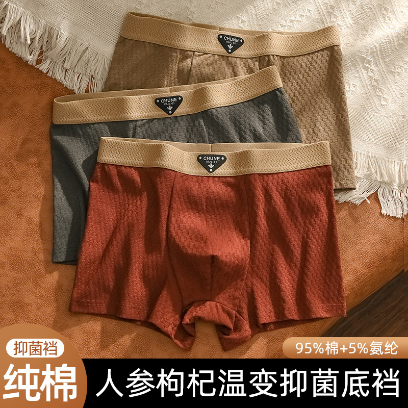 Men’s pure cotton underwear—autumn/winter boxer briefs; breathable, mid‑rise, solid‑color underpants for sports; available for wholesale and dropshipping.
