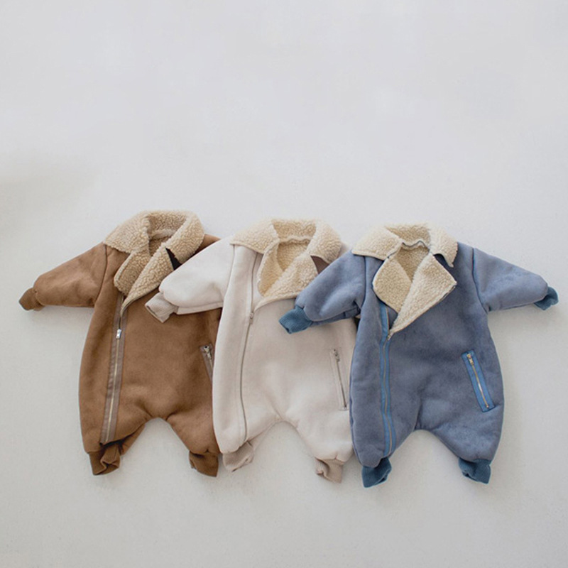 INS Korean-style winter romper for boys and girls, new arrival—vintage, fashionable suede‑finished, thickened lambswool, warm, long‑sleeved crawling suit