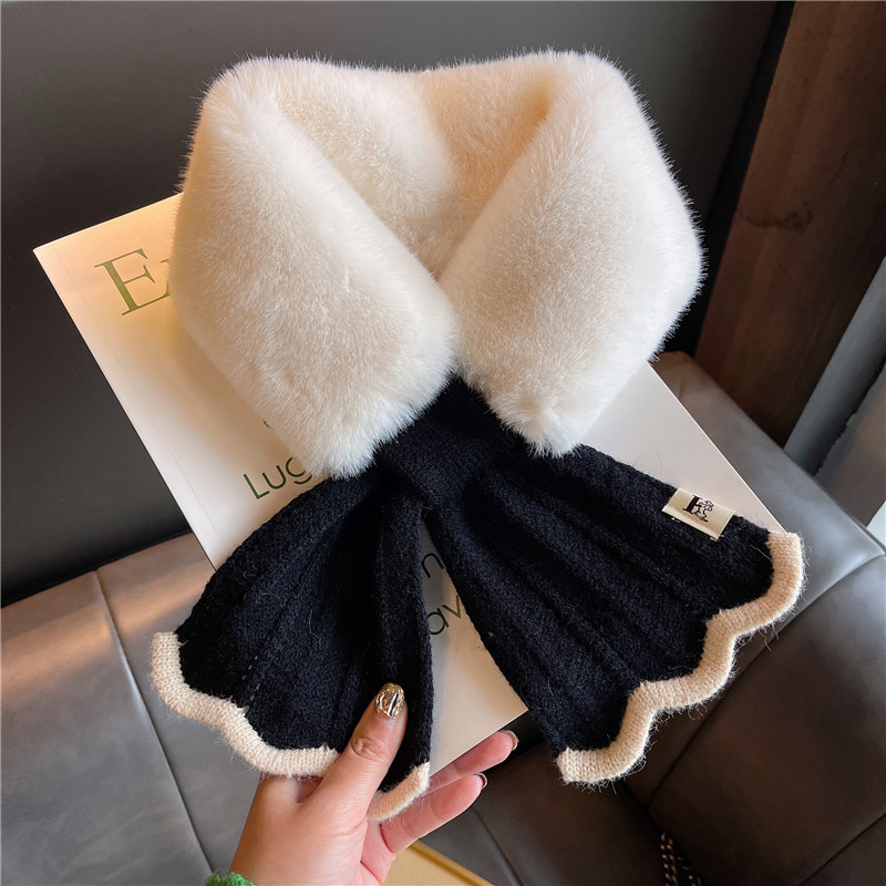 Rabbit-Fur-Like Neck Warmer for Women: Autumn/Winter Thermal Fake Collar, Korean-Style All-Match Knitted Plush Cross‑Bow Neckpiece
