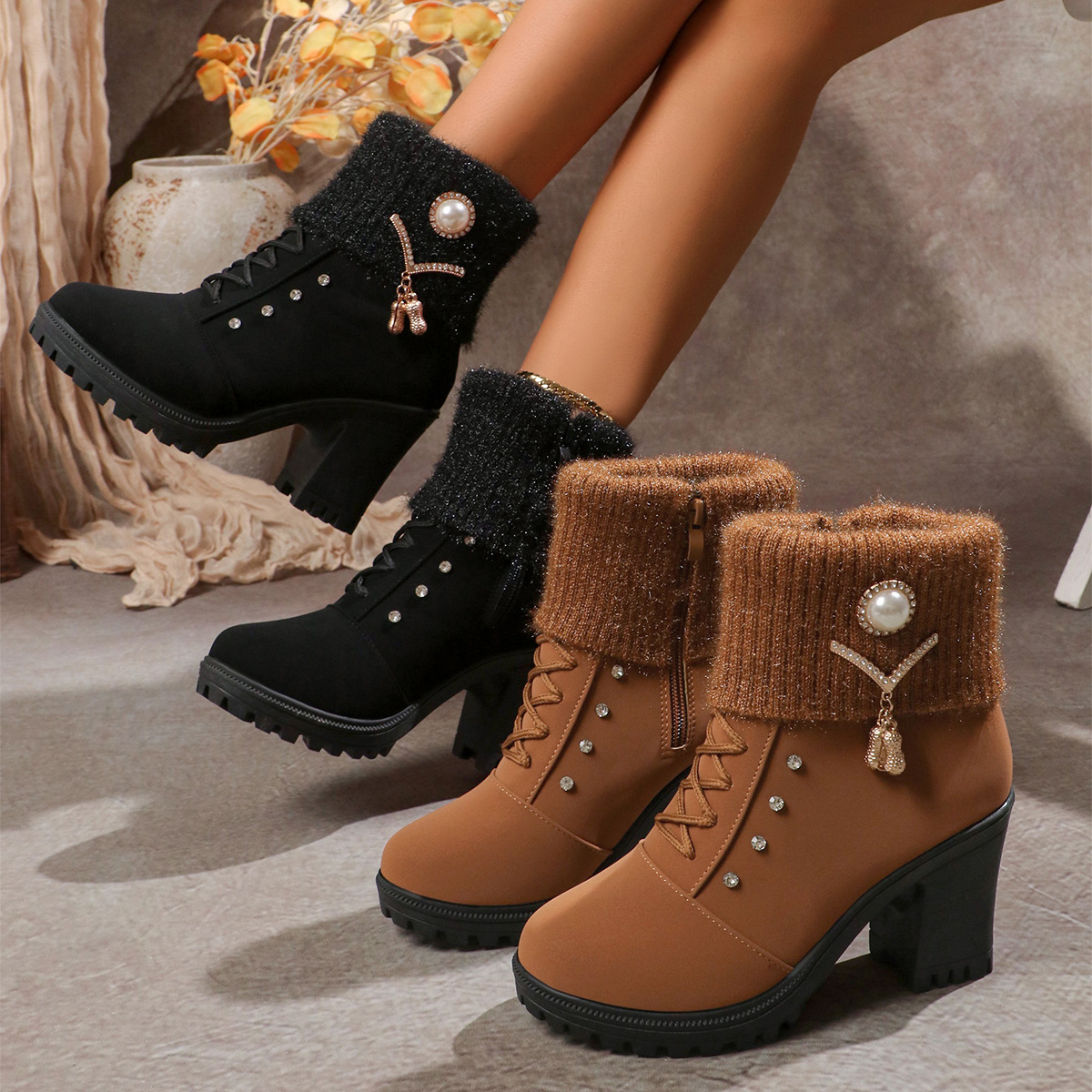 2024 Autumn New Women's Boots with Rhinestone-Decorated Wool-Lined Cuffs, High Heels, Chunky Heels, Plus-Size Fashion Boots for Women, Zipper Closure