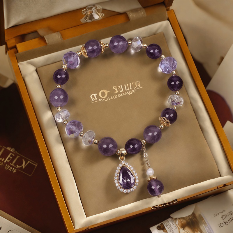 TikTok Live Hot-Selling Lucky‑Fortune‑Turning Faux Amethyst Water‑Drop Pendant Bracelet for Women, Holiday Gift Wristband