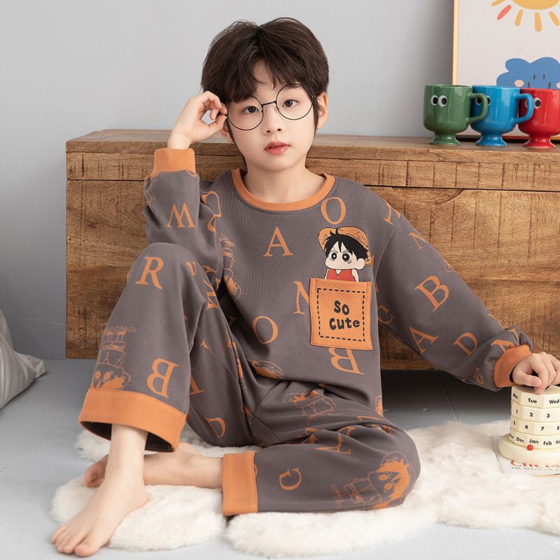 Spring and autumn children's pajamas cartoon boys spring and autumn long sleeves thin cotton boys mid-sized children's beach home clothes