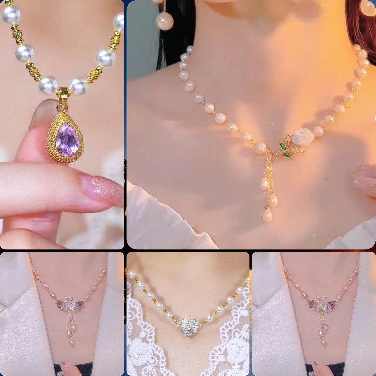 Red spinning pearl necklace female butterfly flower walking lily pendant necklace mountain tea flower sweater chain clothing hanging